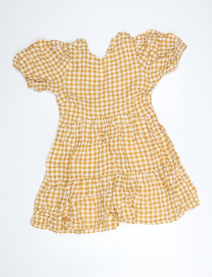 Warehouse Women Yellow Check Skater Dress Size 12 Puff Sleeve