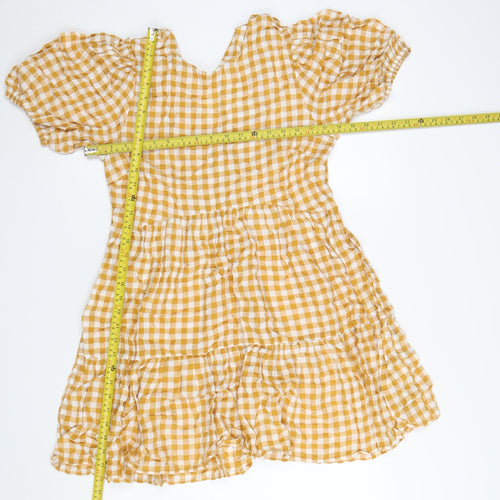 Warehouse Women Yellow Check Skater Dress Size 12 Puff Sleeve