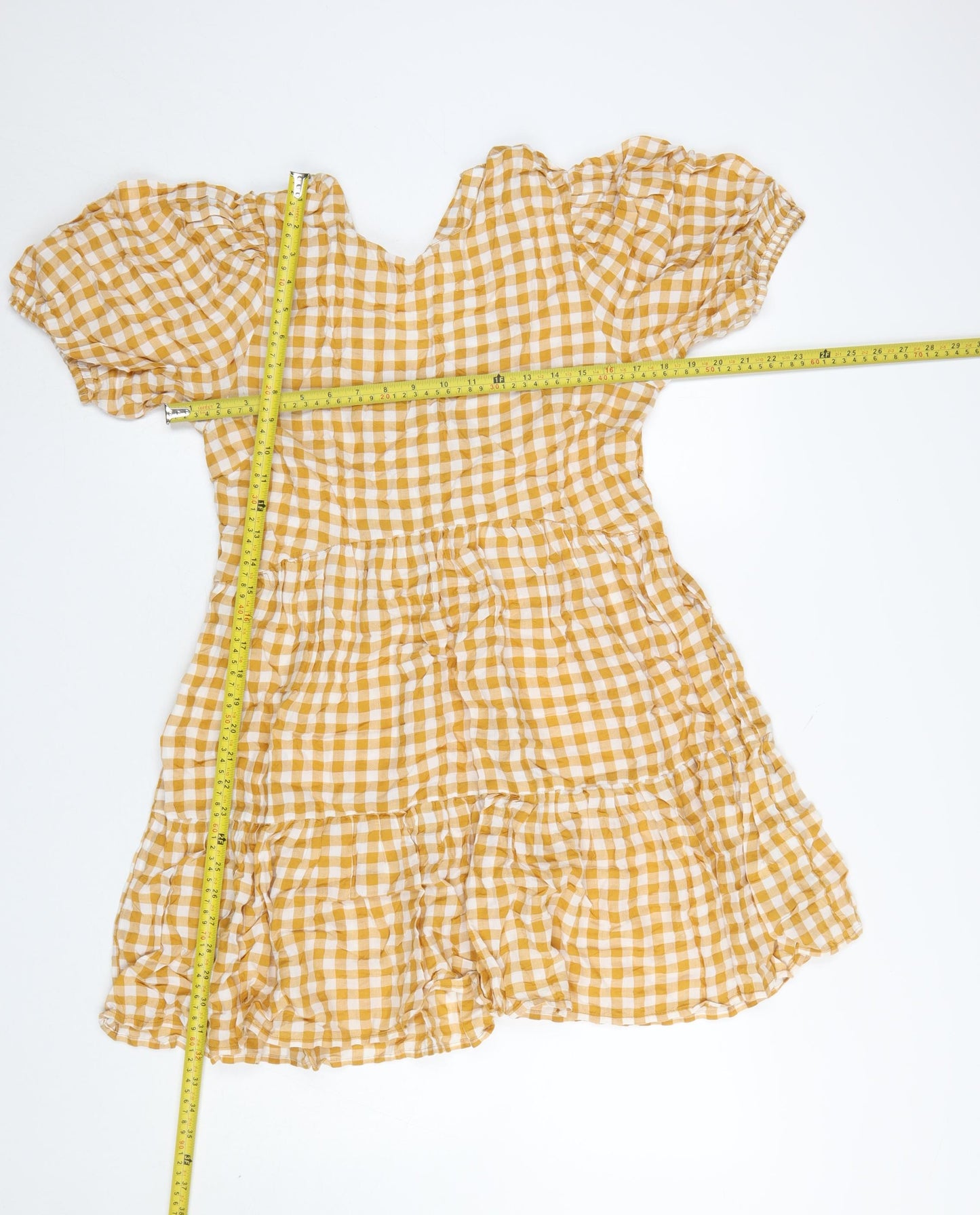 Warehouse Women Yellow Check Skater Dress Size 12 Puff Sleeve