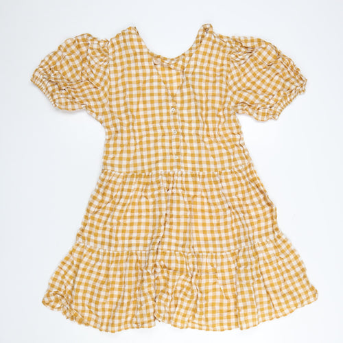 Warehouse Women Yellow Check Skater Dress Size 12 Puff Sleeve