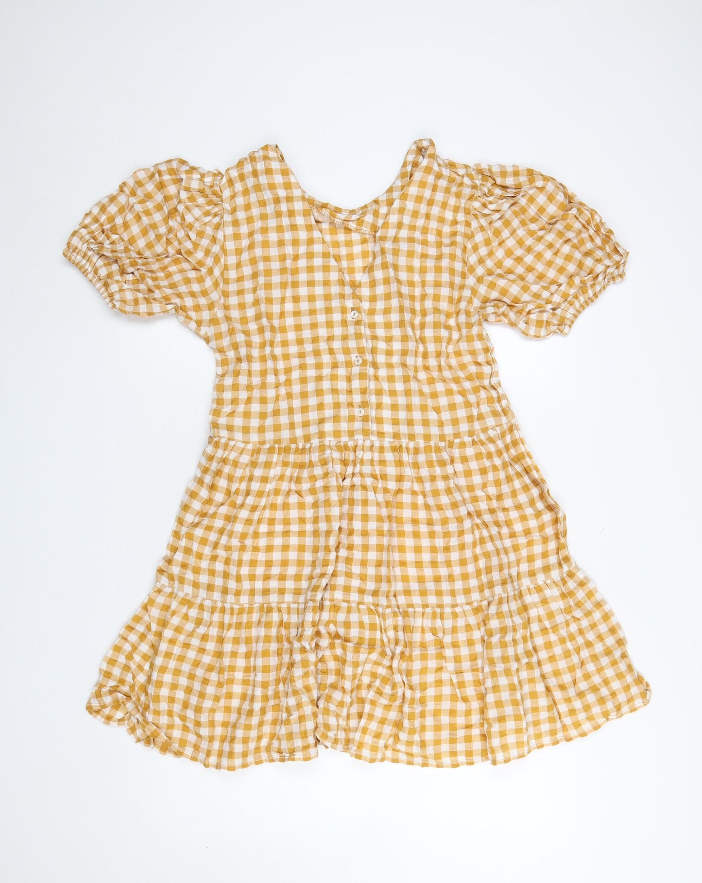 Warehouse Women Yellow Check Skater Dress Size 12 Puff Sleeve