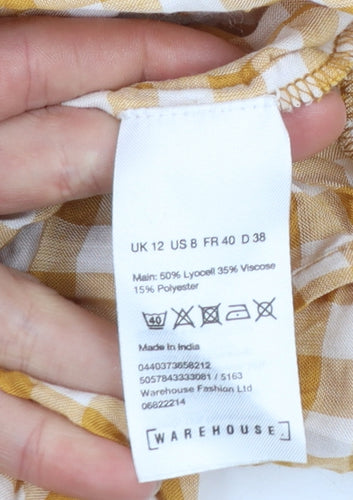 Warehouse Women Yellow Check Skater Dress Size 12 Puff Sleeve
