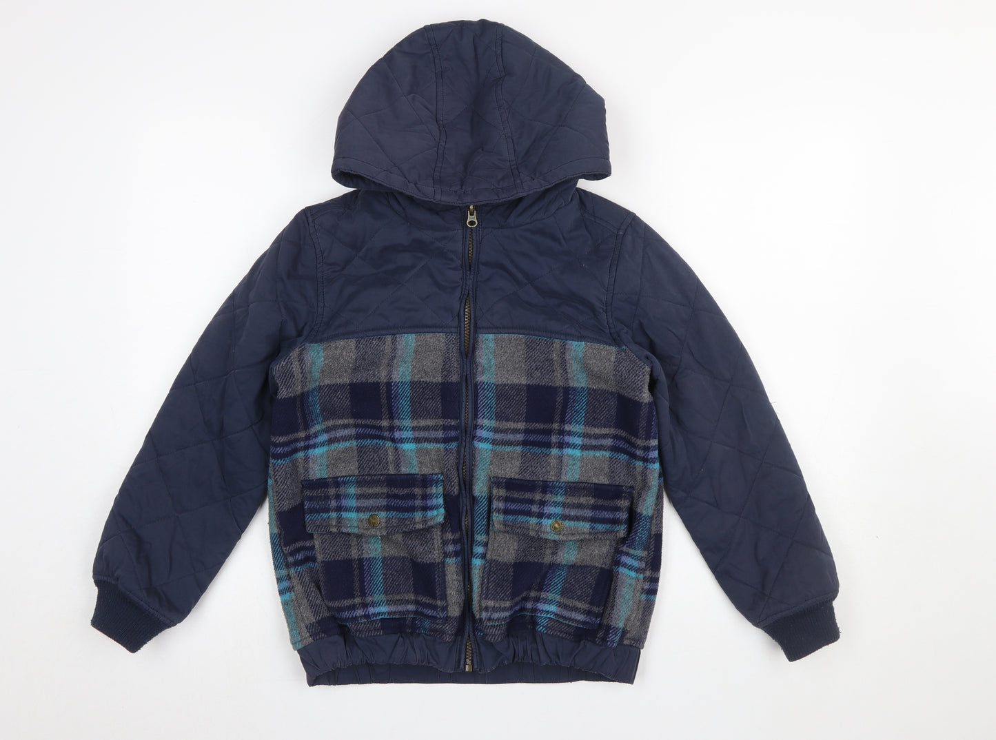 FatFace Boys Blue Quilted Checked Hooded Jacket 10-11 Years