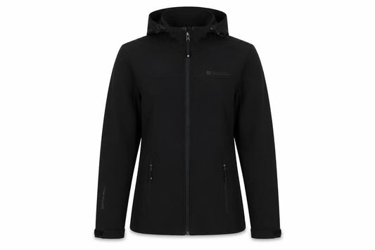 Front view of Mountain Warehouse Women's Black Softshell Hooded Jacket, size 6