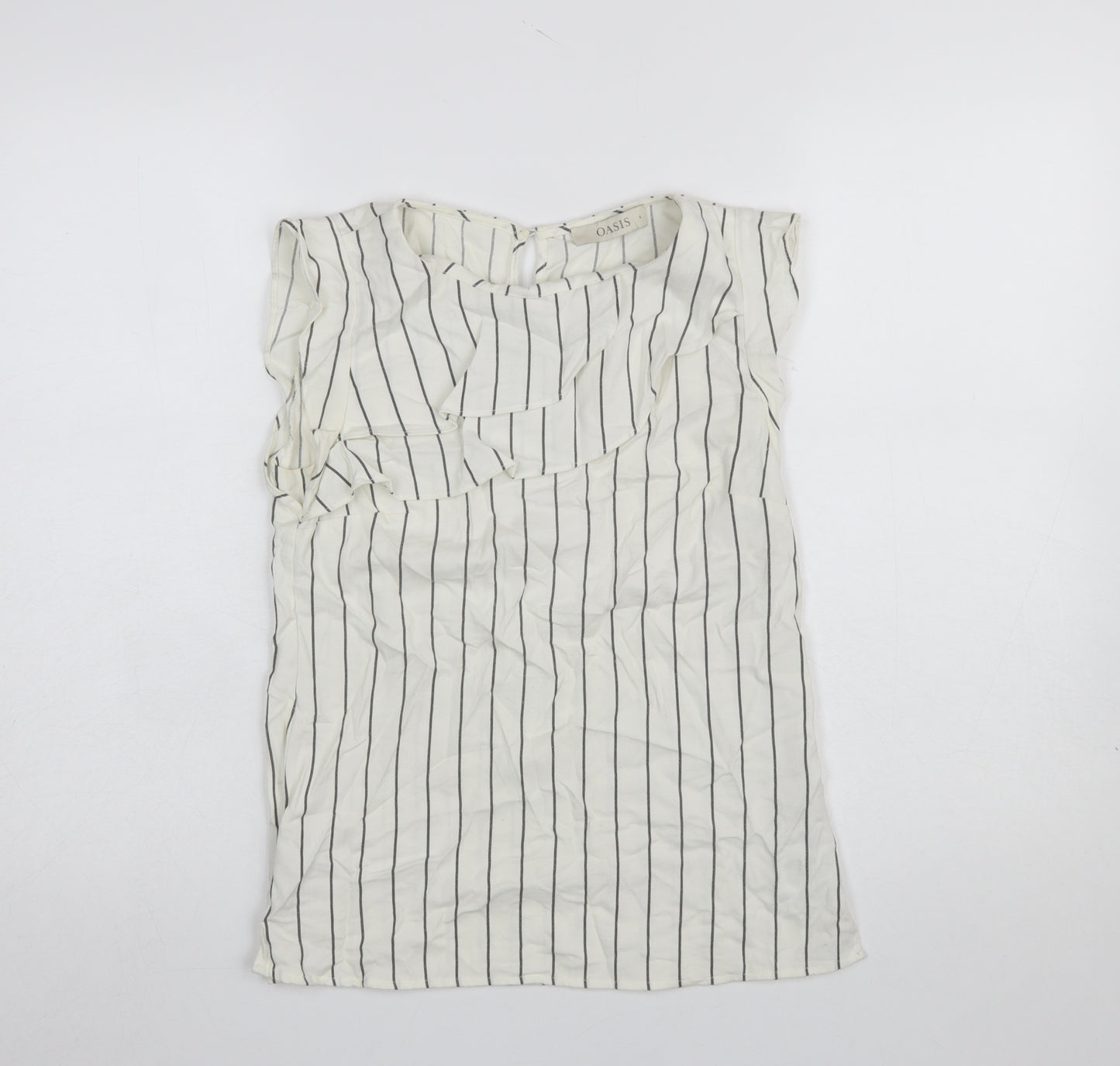 Oasis Women White Striped Ruffle Blouse UK 6 Sleeveless Work Top
