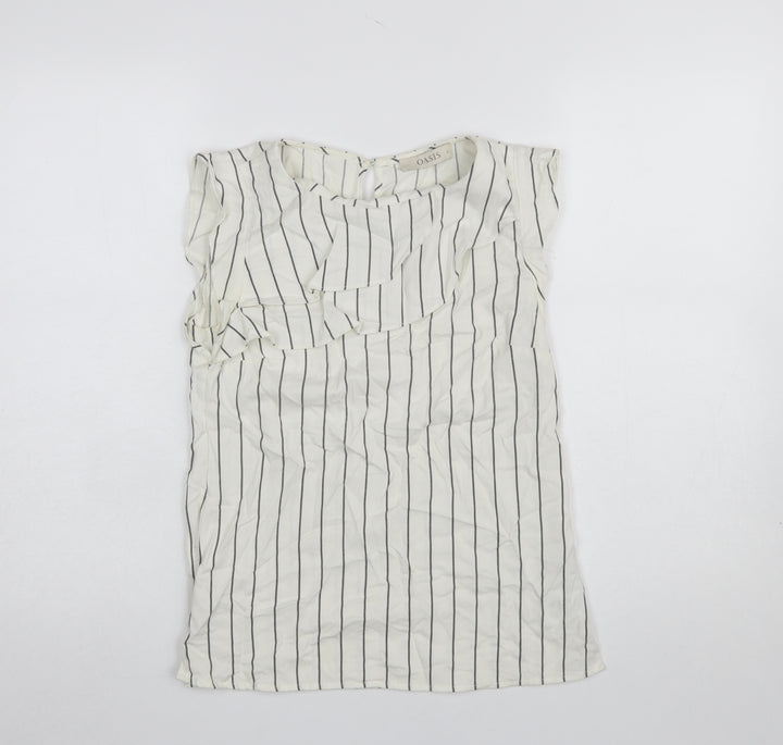 Oasis Women White Striped Ruffle Blouse UK 6 Sleeveless Work Top