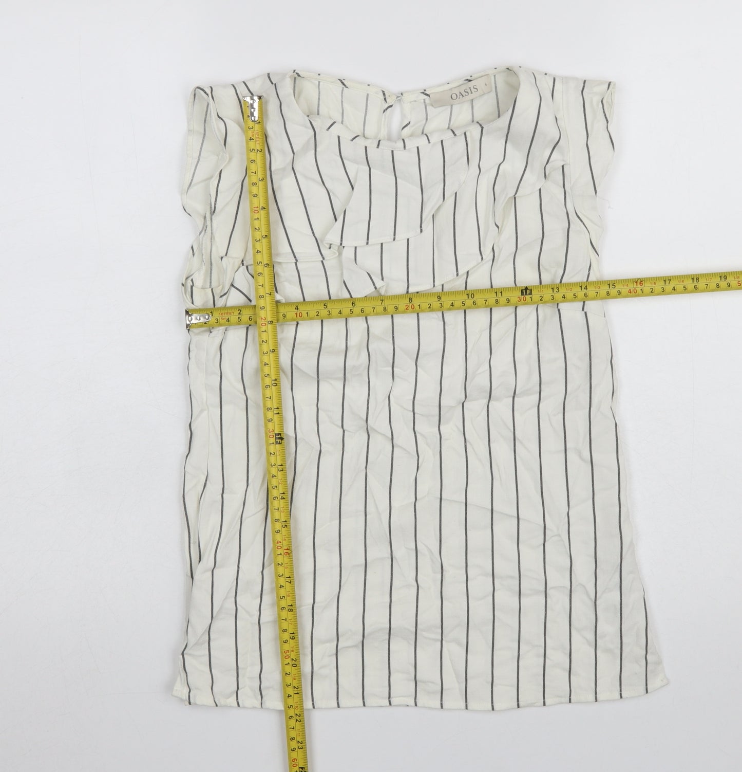 Oasis Women White Striped Ruffle Blouse UK 6 Sleeveless Work Top