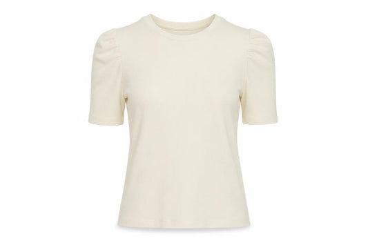 Front view of New Look Women’s Ivory Puff Sleeve Crew Neck T-Shirt, size UK 14