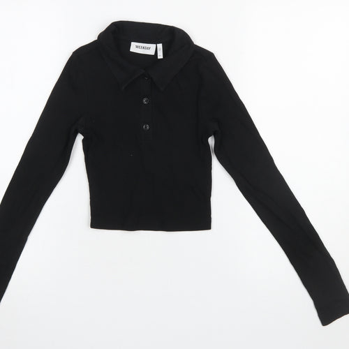 Weekday Women's Black Cropped Button-Up Collared Top XS