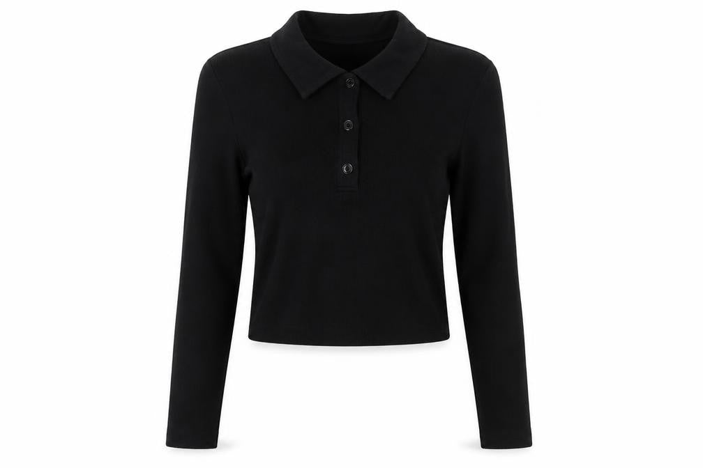 Front view of Weekday Women's Black Cropped Button-Up Collared Top XS