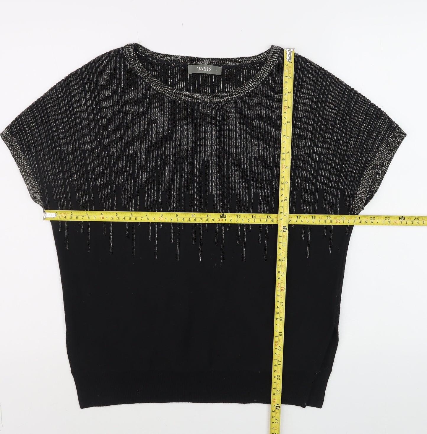 Oasis Womens Black Short Sleeve Glitter Knit Top Size S