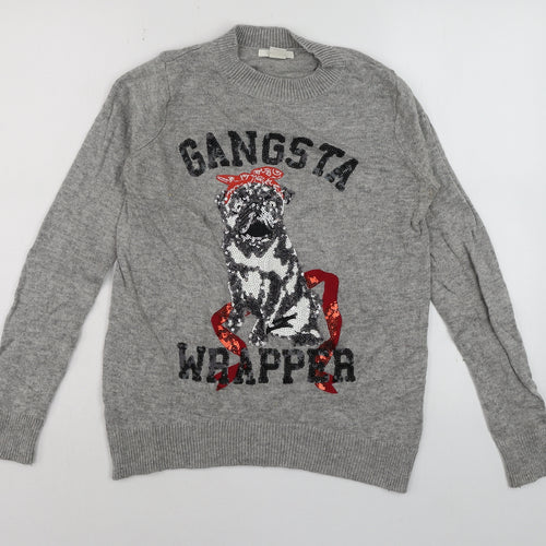 H&M Men's Grey Sequin Dog 'Gangsta Wrapper' Christmas Jumper Size S