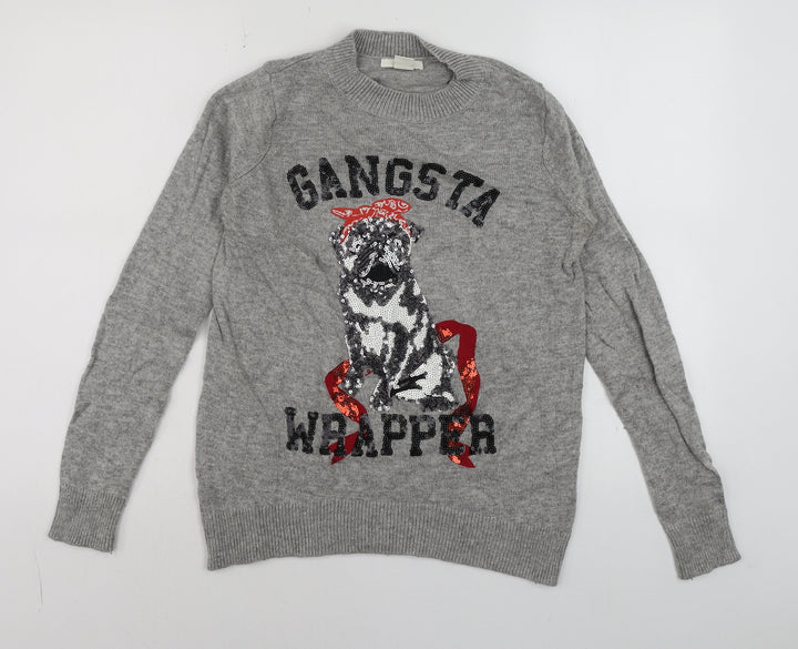 H&M Men's Grey Sequin Dog 'Gangsta Wrapper' Christmas Jumper Size S