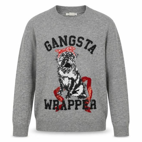 H&M Men's Grey Sequin Dog 'Gangsta Wrapper' Christmas Jumper Size S