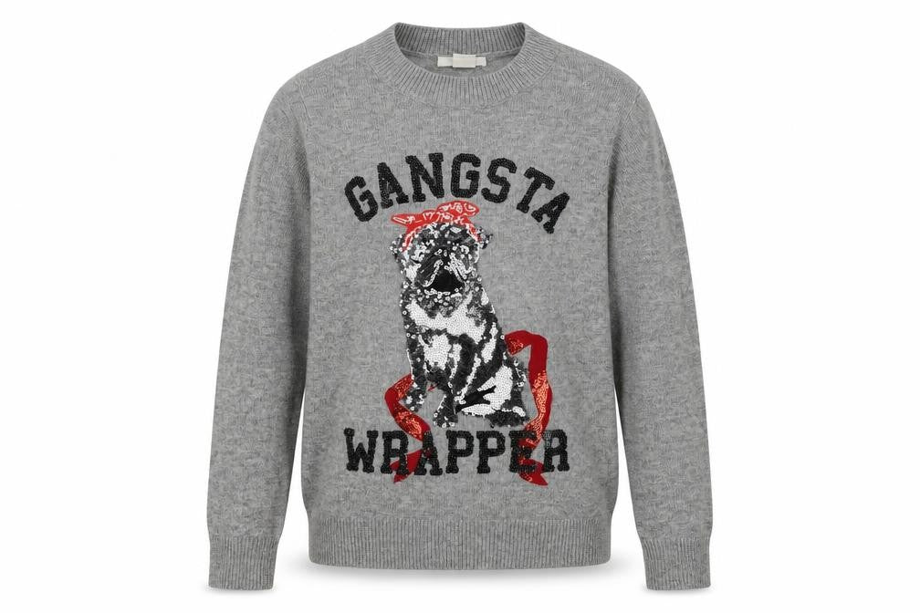 H&M Men's Grey Sequin Dog 'Gangsta Wrapper' Christmas Jumper Size S