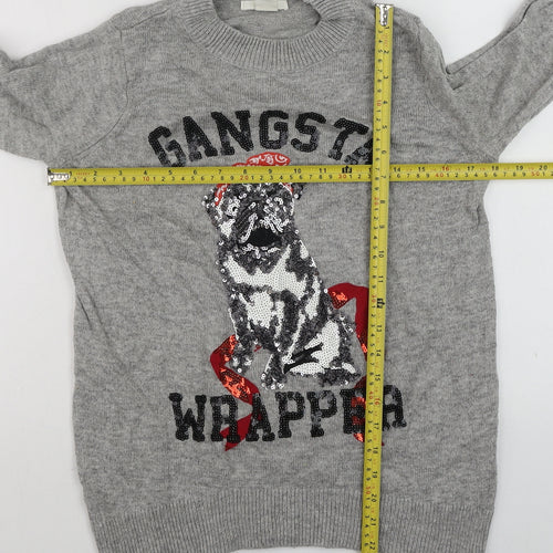 H&M Men's Grey Sequin Dog 'Gangsta Wrapper' Christmas Jumper Size S