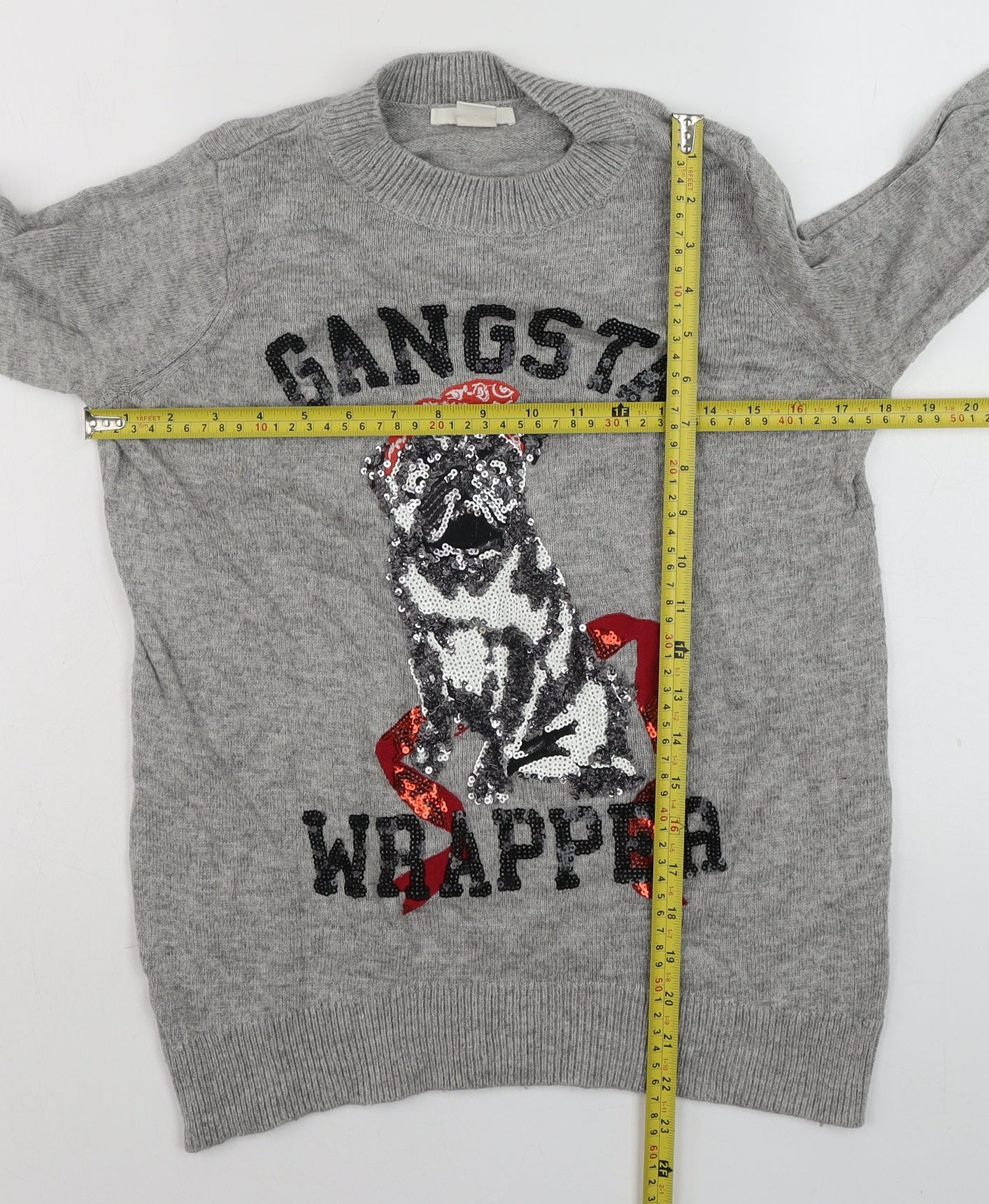 H&M Men's Grey Sequin Dog 'Gangsta Wrapper' Christmas Jumper Size S