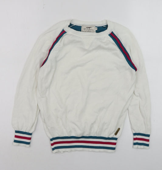 Thomas Burberry Men's White Cotton Striped Crew Neck Jumper Size S