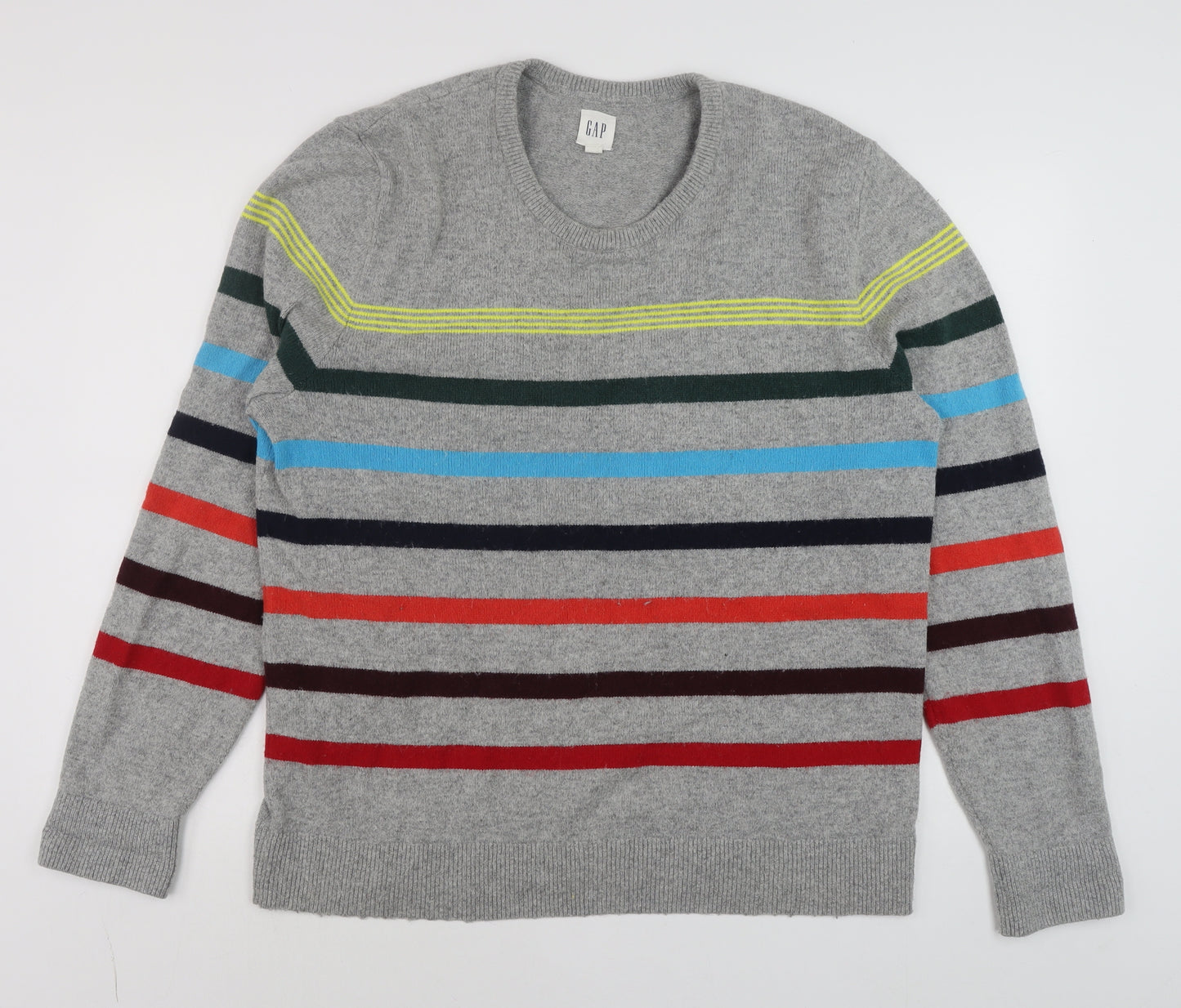 GAP Men’s Grey Striped Wool Blend Crew Neck Jumper Size L