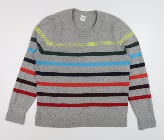 GAP Men’s Grey Striped Wool Blend Crew Neck Jumper Size L
