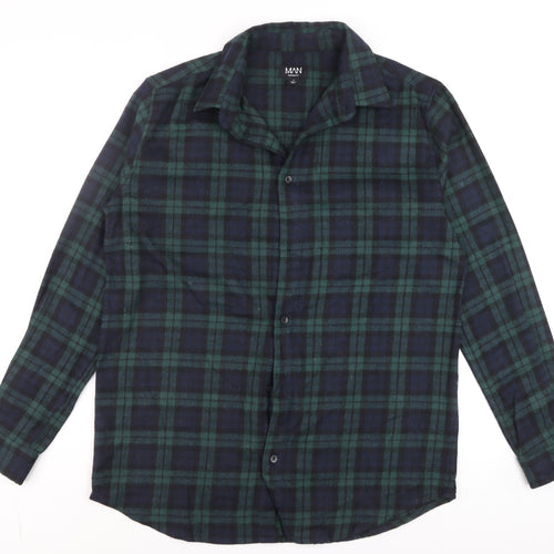 boohooMAN Men's Green & Navy Check Flannel Button-Up Shirt M