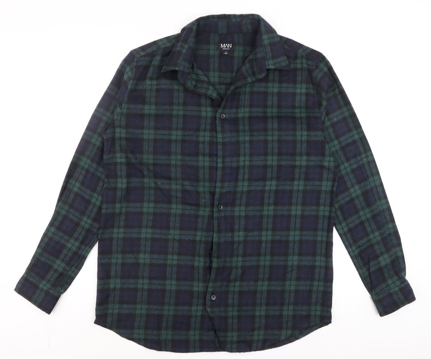 boohooMAN Men's Green & Navy Check Flannel Button-Up Shirt M