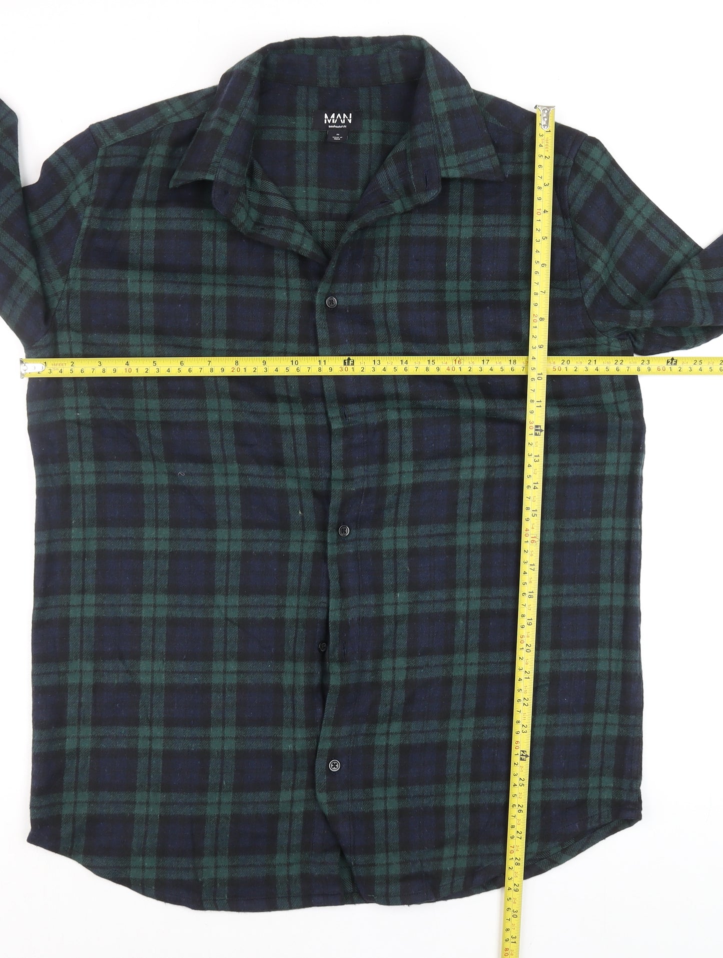 boohooMAN Men's Green & Navy Check Flannel Button-Up Shirt M
