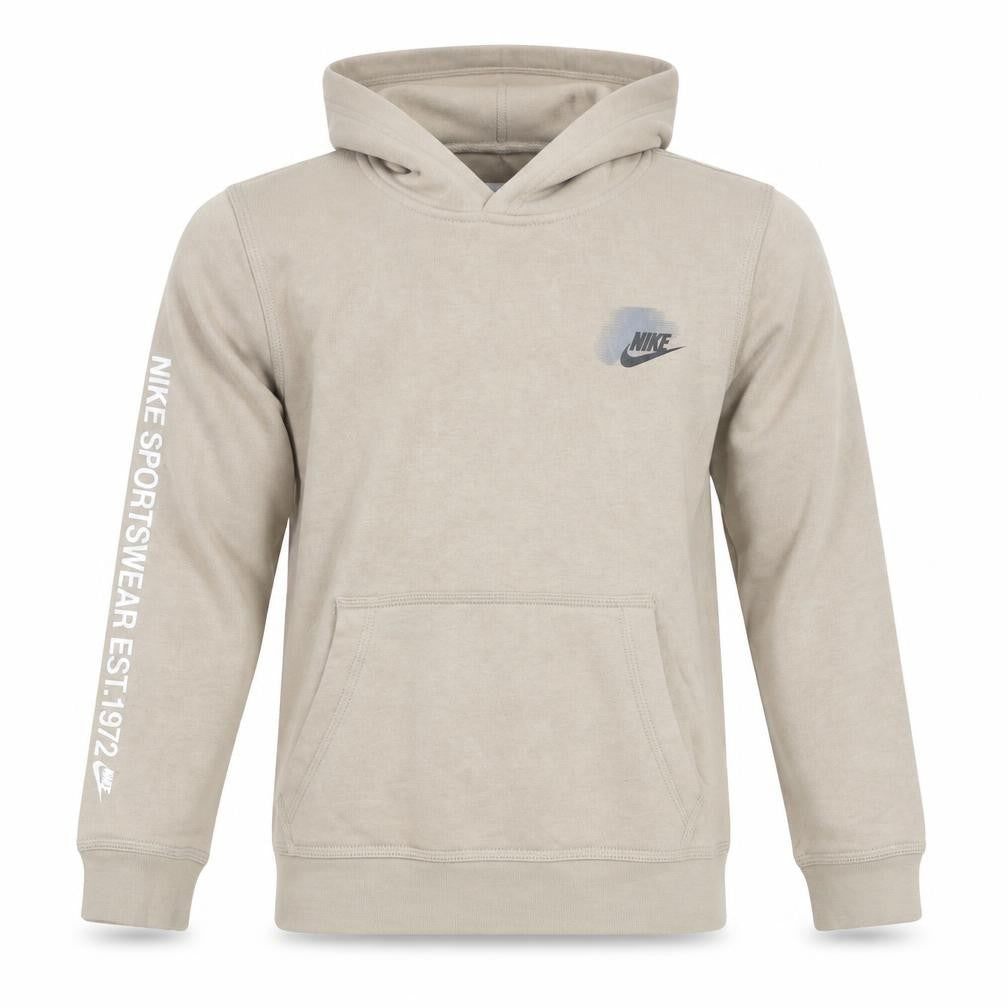 Front view of Nike Teens Beige Pullover Hoodie M Logo Graphic Fleece Sweatshirt