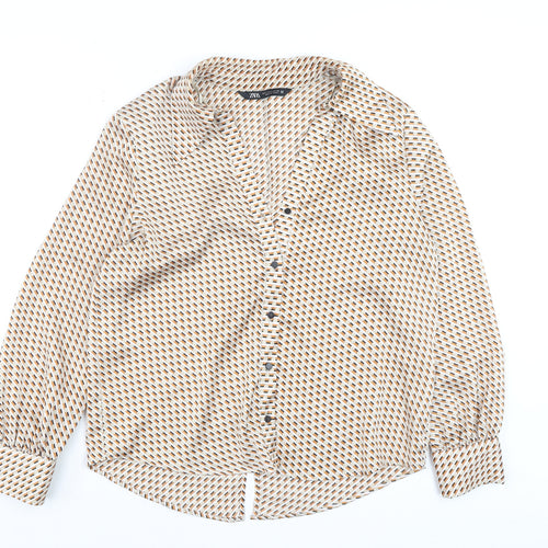 Zara Women Beige Geometric Button-Up Blouse Size S Long Sleeve