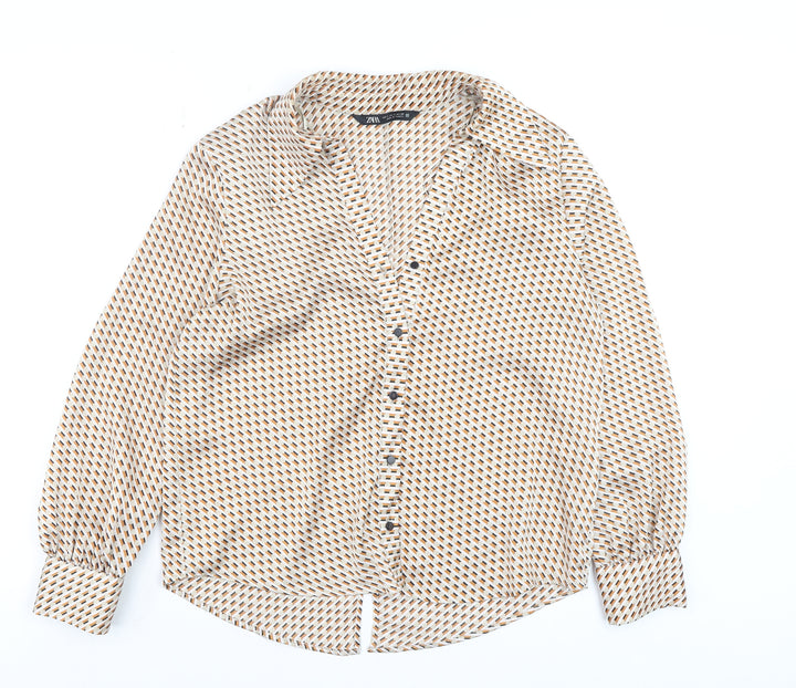 Zara Women Beige Geometric Button-Up Blouse Size S Long Sleeve