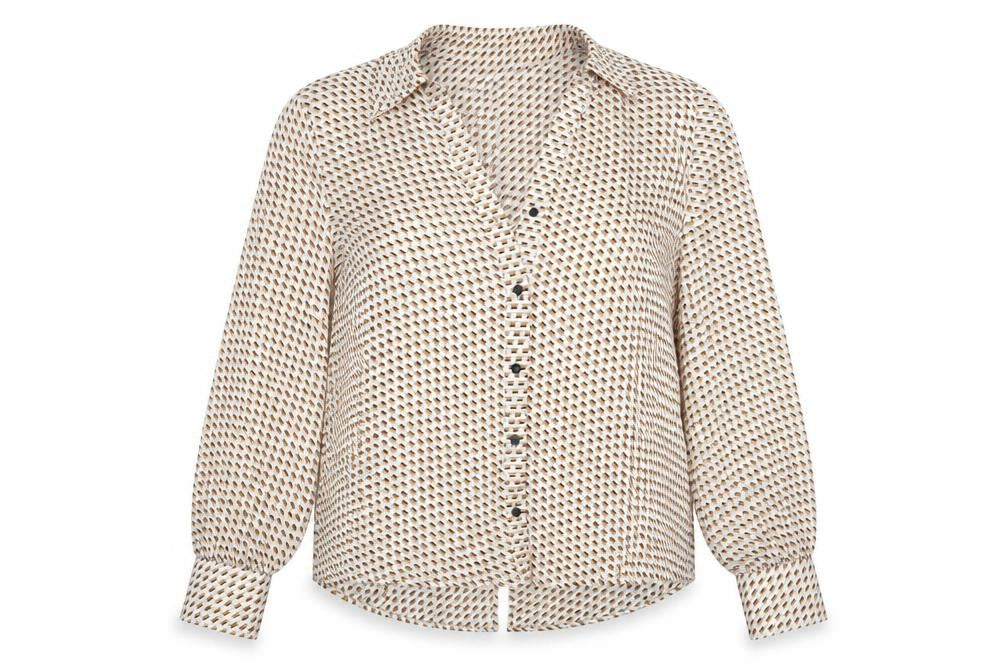 Front view of Zara Women Beige Geometric Button-Up Blouse, size S, Long Sleeve