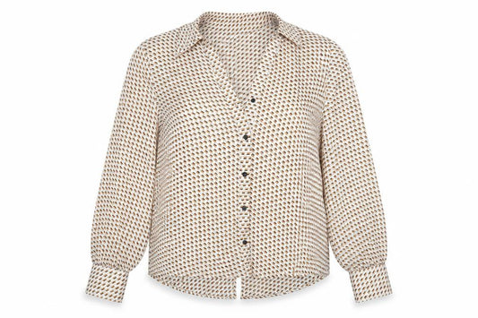 Front view of Zara Women Beige Geometric Button-Up Blouse, size S, Long Sleeve