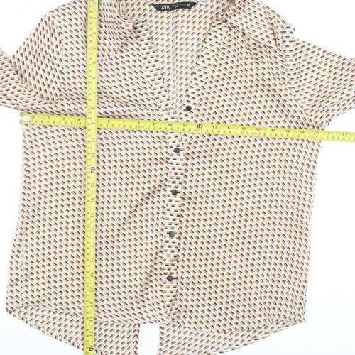 Zara Women Beige Geometric Button-Up Blouse Size S Long Sleeve