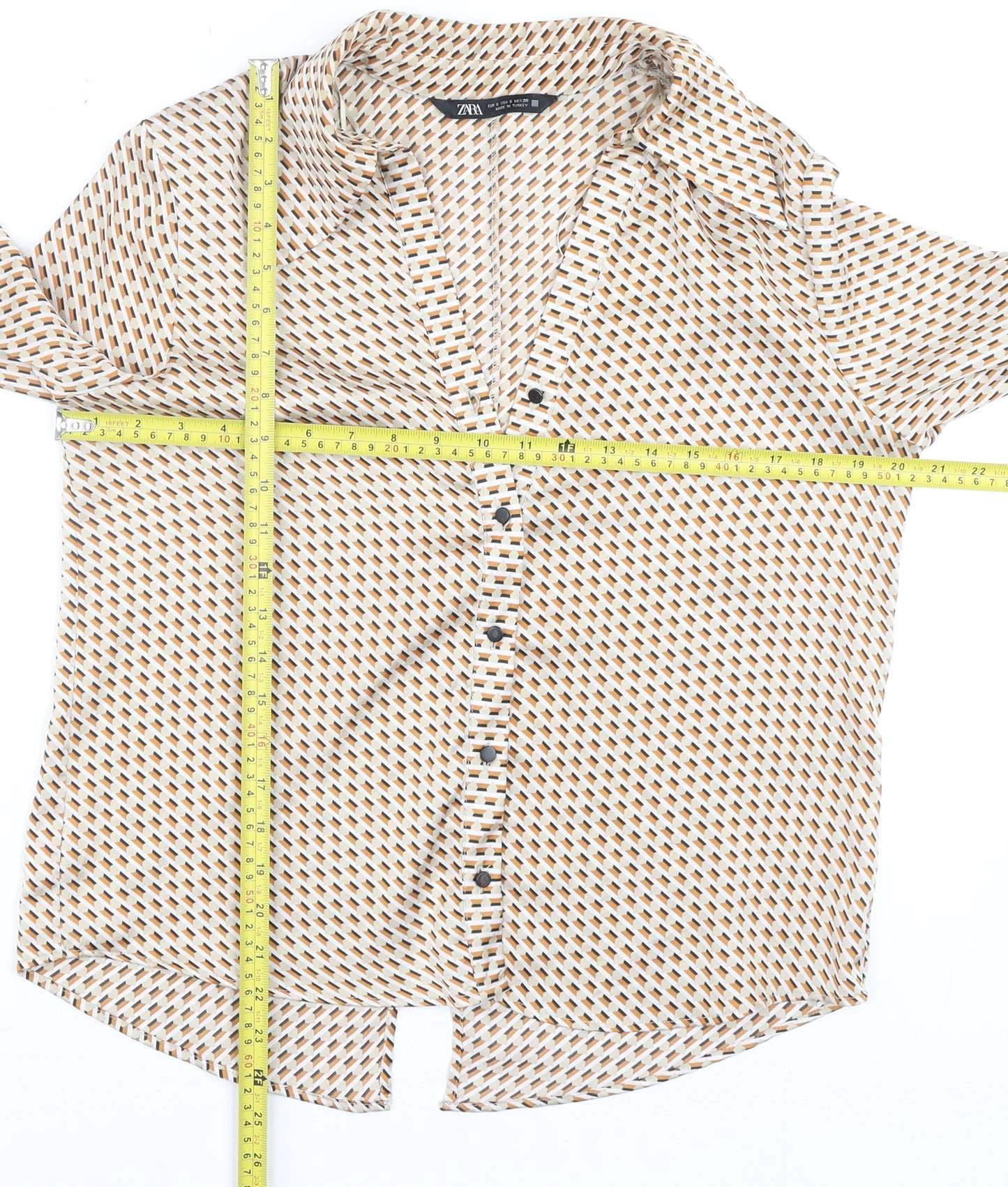 Zara Women Beige Geometric Button-Up Blouse Size S Long Sleeve