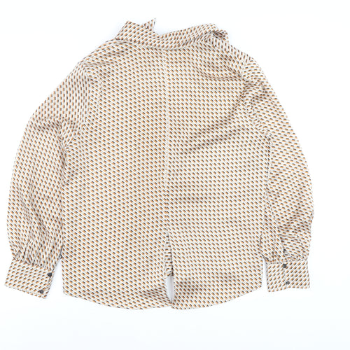 Zara Women Beige Geometric Button-Up Blouse Size S Long Sleeve