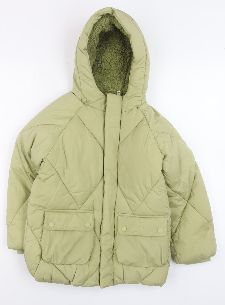 Marks and Spencer Boys Green Hooded Puffer Jacket 6-7 Years Shower Resistant