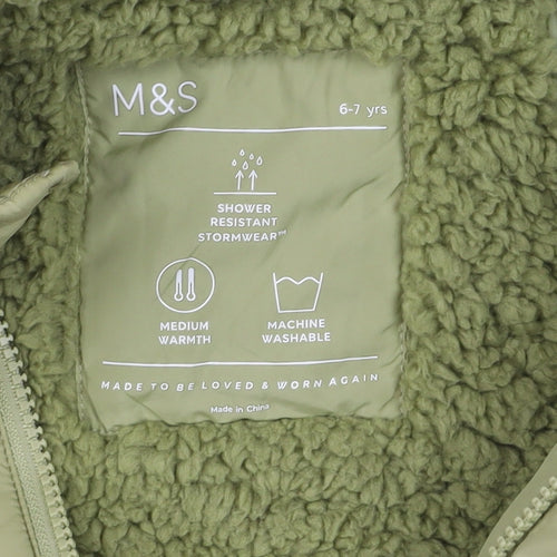 Marks and Spencer Boys Green Hooded Puffer Jacket 6-7 Years Shower Resistant