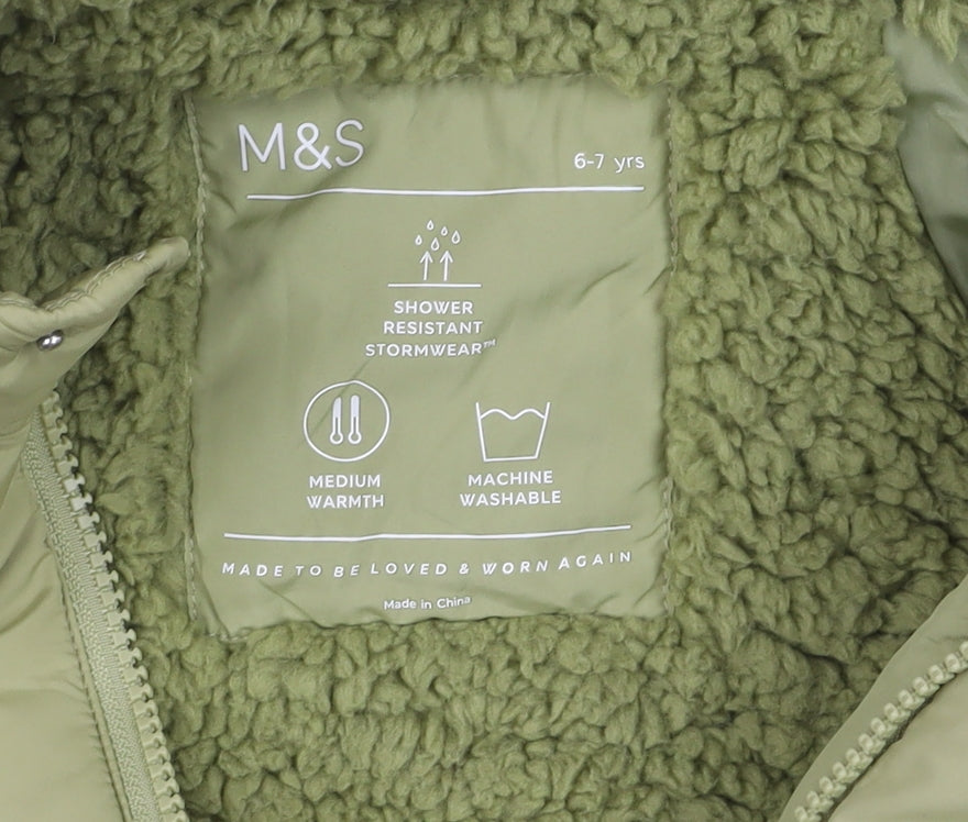 Marks and Spencer Boys Green Hooded Puffer Jacket 6-7 Years Shower Resistant
