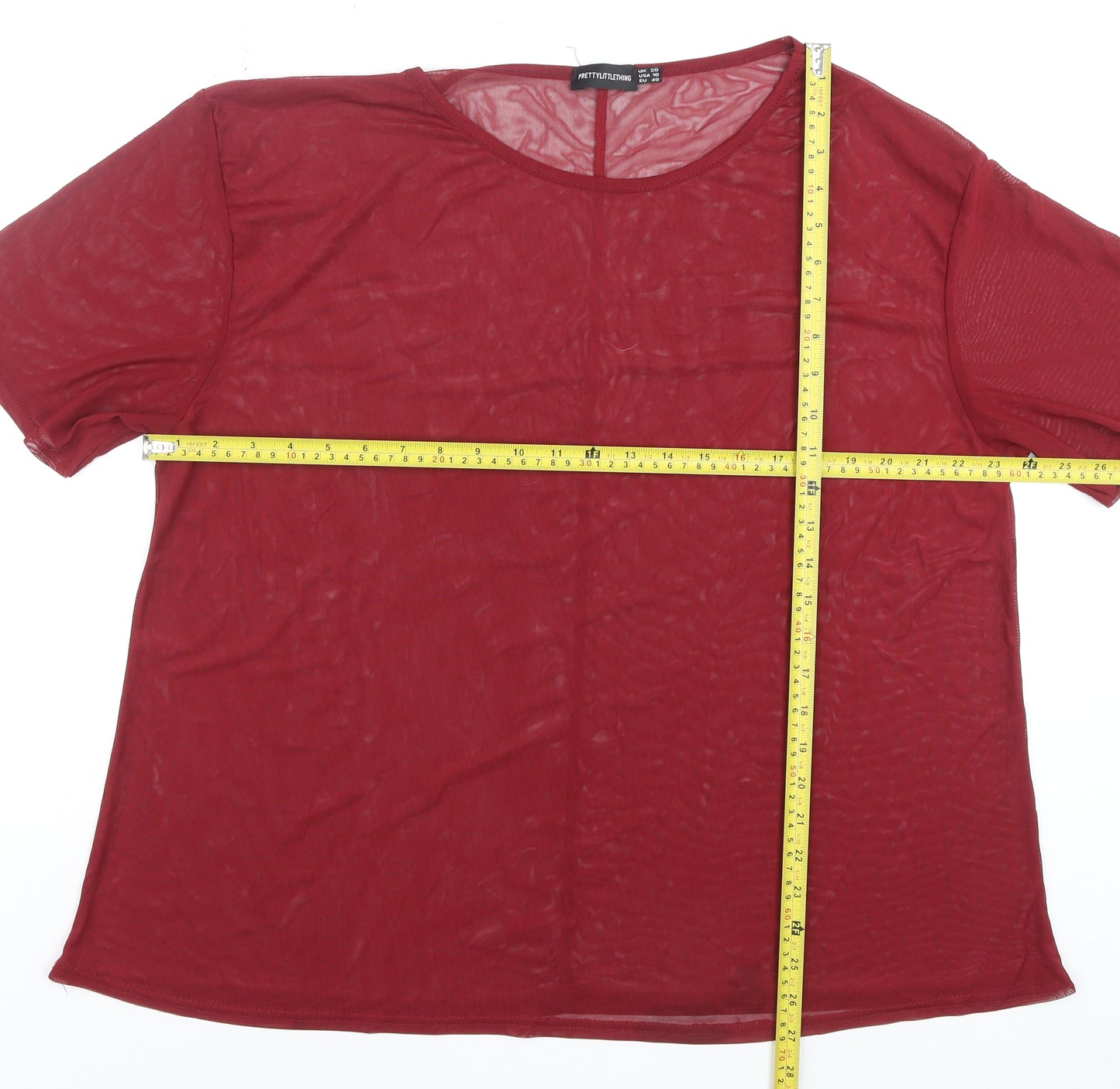 PrettyLittleThing Women's Red Sheer Mesh Short Sleeve T-Shirt Size 20