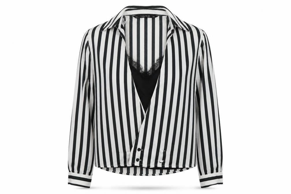 Front view of Zara Women Black White Striped Wrap Blouse, size S