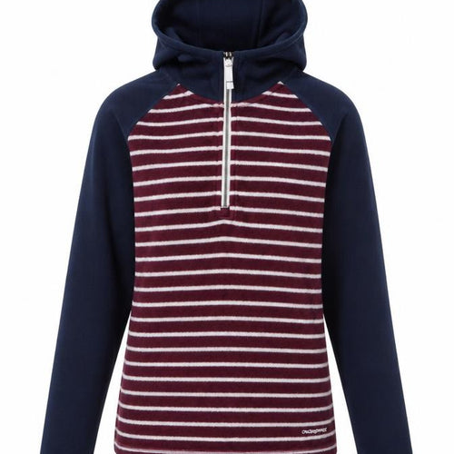 Craghoppers Womens Navy Burgundy Striped 1/2 Zip Fleece Hoodie UK 8
