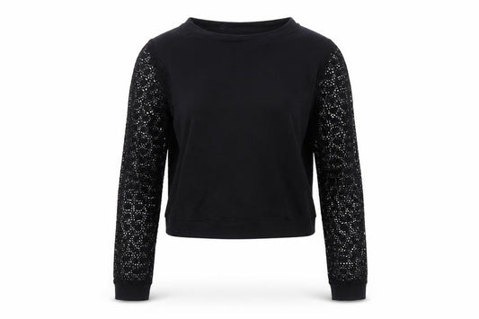 Front view of Maje women’s black lace sleeve cropped blouse, size S