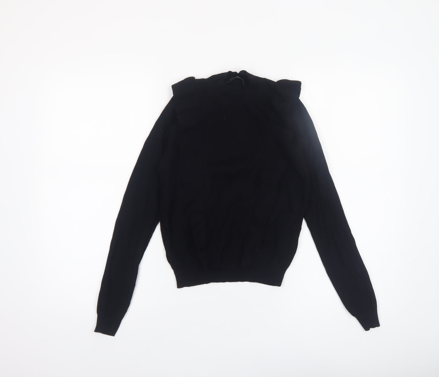 Zara Women Black Ruffle Knit Crew Neck Jumper Size 10