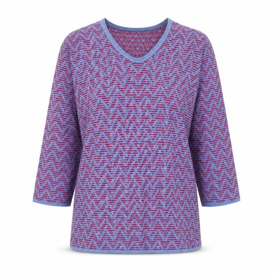 Front view of Olsen women’s purple geometric v-neck 3/4 sleeve jersey top, size UK 12