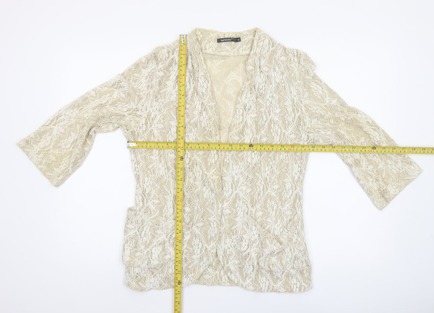 QED London Women Beige Lace 3/4 Sleeve Open Jacket Size M