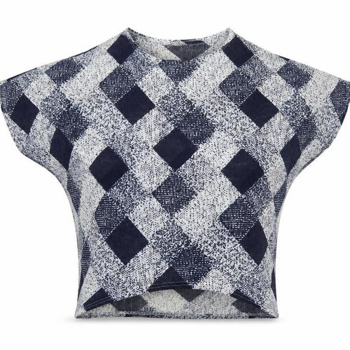 Mirumi Women Blue Check Knit Short Sleeve Cropped Blouse S