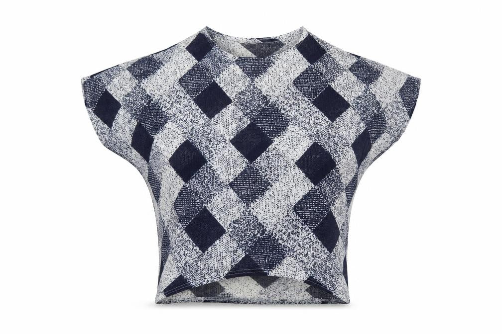 Mirumi Women Blue Check Knit Short Sleeve Cropped Blouse S