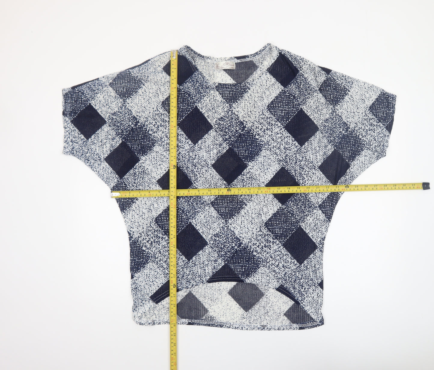 Mirumi Women Blue Check Knit Short Sleeve Cropped Blouse S
