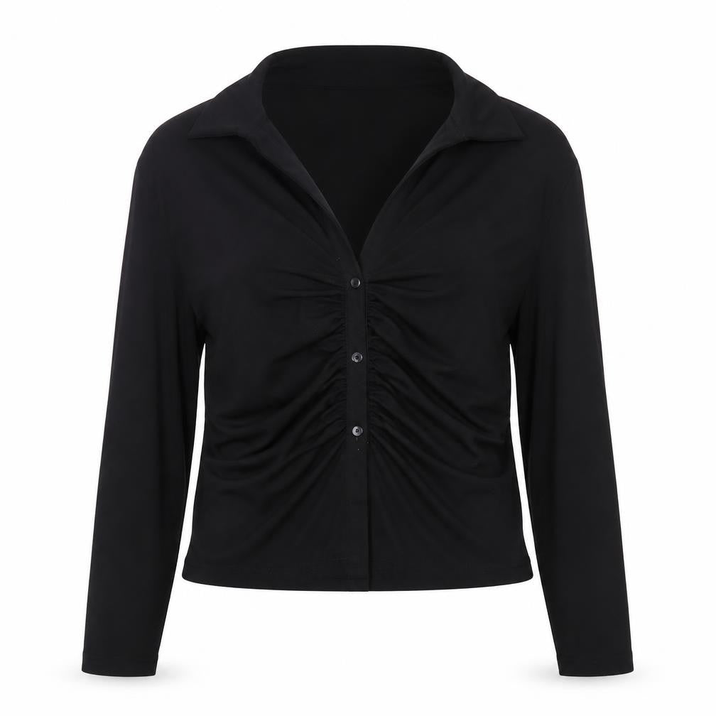 Front view of ASOS DESIGN Women’s Black Long Sleeve Collared Ruched Button-Up Top, size UK 14