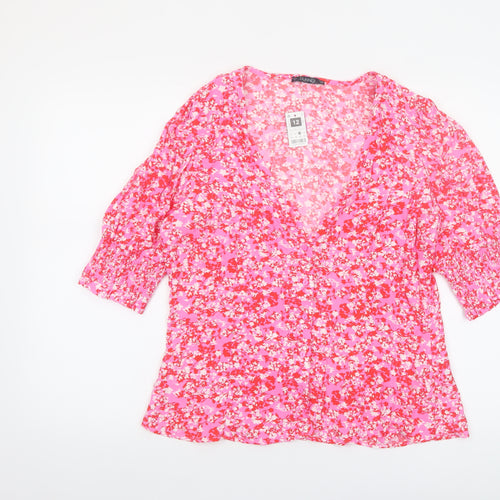 Dunnes Women’s Pink Floral Wrap Blouse Size 12 Viscose Top